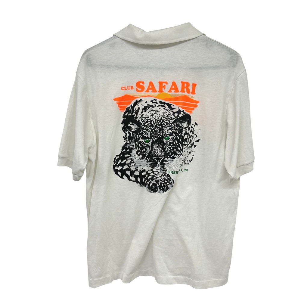 VTG 90s‎ Club Safari Leopard Graphic Polo Shirt XL White Neon Retro Streetwear